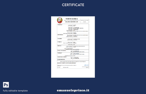 stile verificato Certificato di morte dello stato di stato della Corea del Nord 